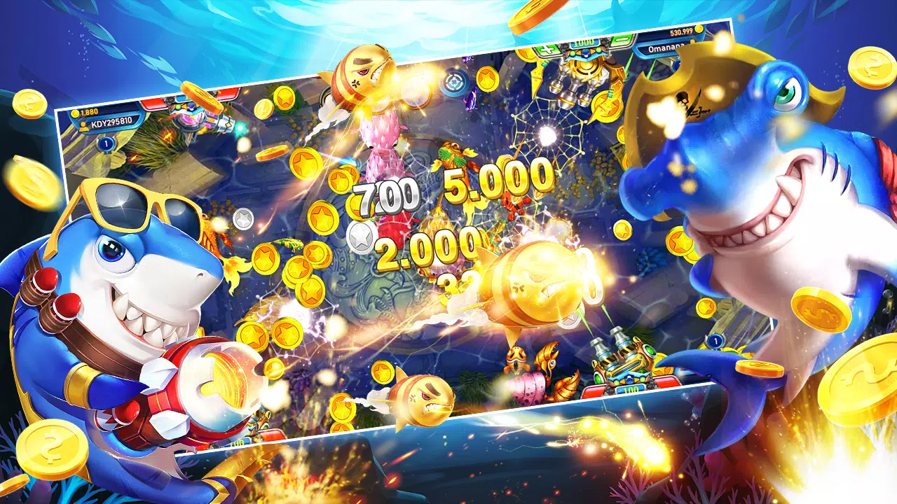 ฉากเกมยิงปลาที่มีเป้าหมายหลากหลายเคลื่อนผ่านใต้น้ำ